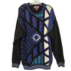 Vintage 80s Concrete Black Blue Sweater L / XL Geometric Abstract Knit Acrylic